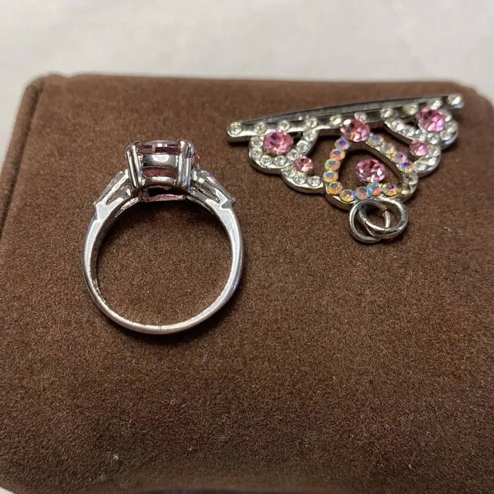 Pretty Princess Crown Necklace Charm and Pink & Silver Ring Combo